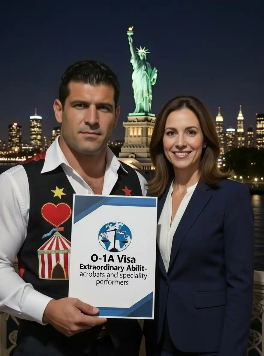 O-1 visa evaluation framework for circus performers showing the path from portfolio audit to USCIS distinction approval