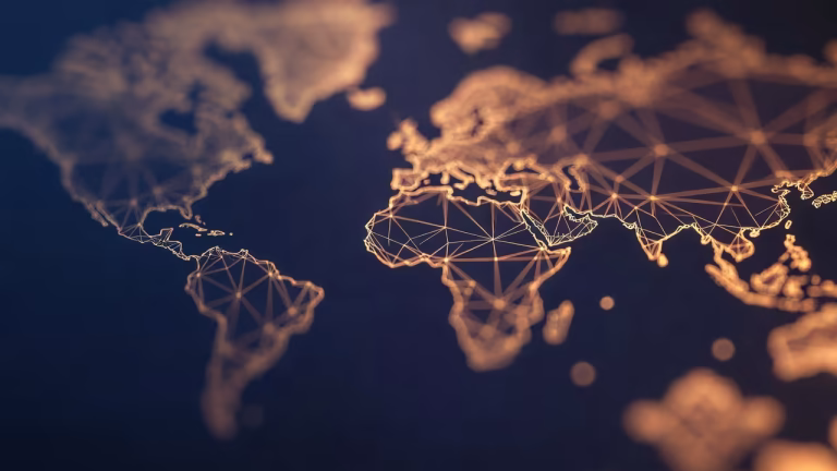 Abstract navy and gold world map background representing U.S. immigration strategy and global legal counsel